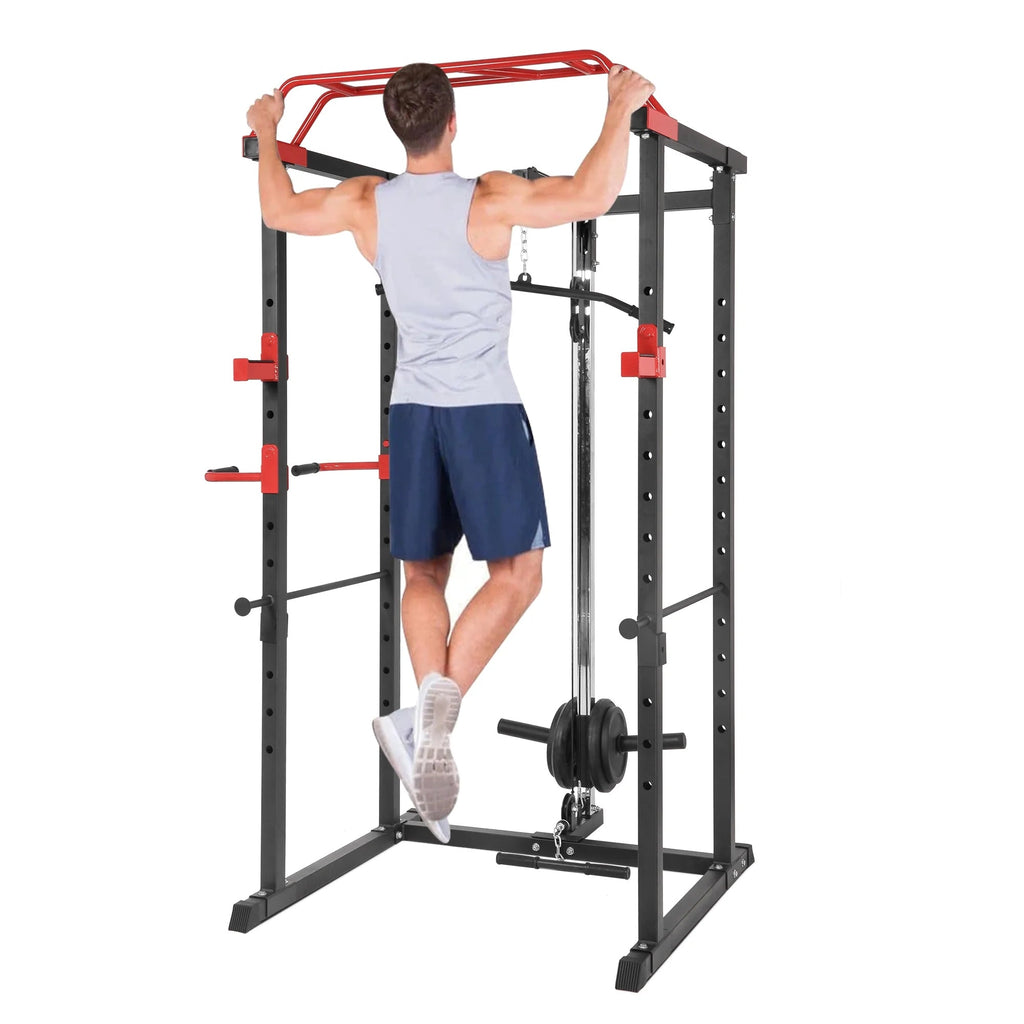 All-in-One Power Rack Cage | Adjustable Multi Gym System with Cable Pulley, Barbell Support & Pull-Up Bar