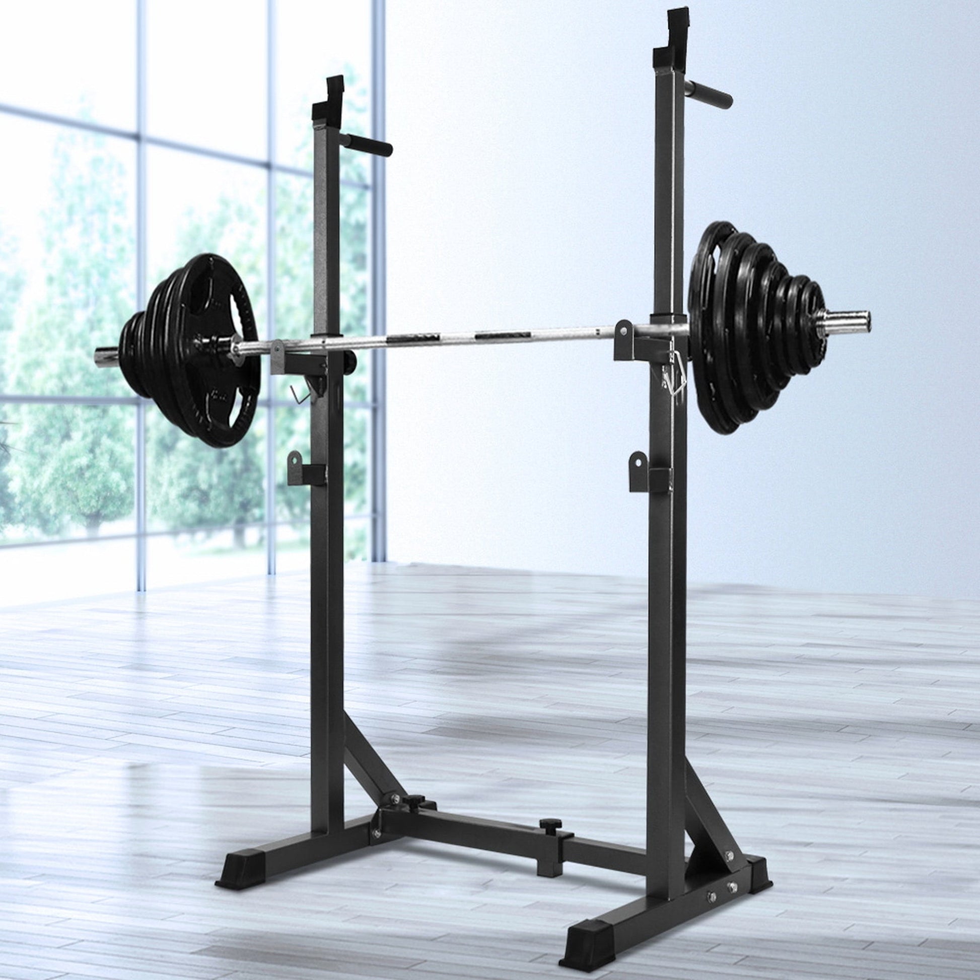 Adjustable Half Squat Rack | Heavy-Duty Barbell Stand with Dip Handles & Safety Spotters | 200KG Capacity for Strength Training