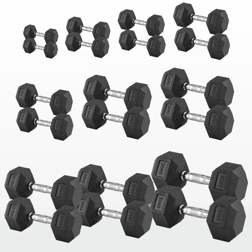 Hex Dumbbell Pairs & Sets 2.5kg–60kg – Rubber-Coated, Anti-Roll Weights with Rack Option – Home Gym Strength Training Dumbbell Set UK