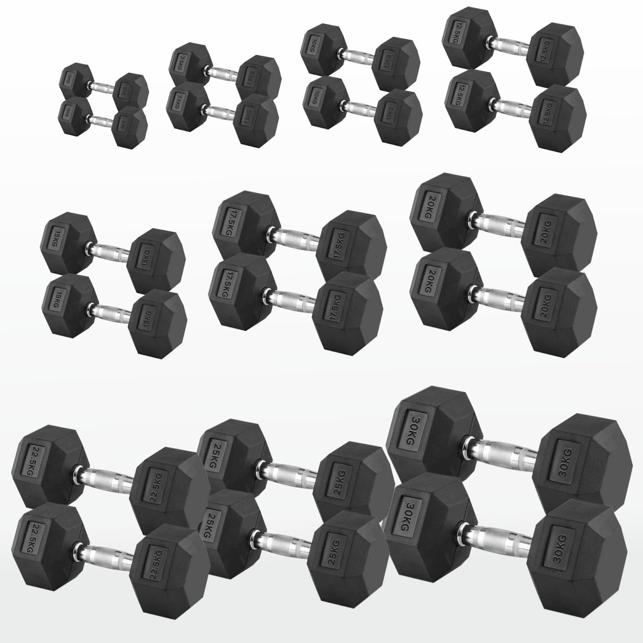Hex Dumbbell Pairs & Sets 2.5kg–60kg – Rubber-Coated, Anti-Roll Weights with Rack Option – Home Gym Strength Training Dumbbell Set UK