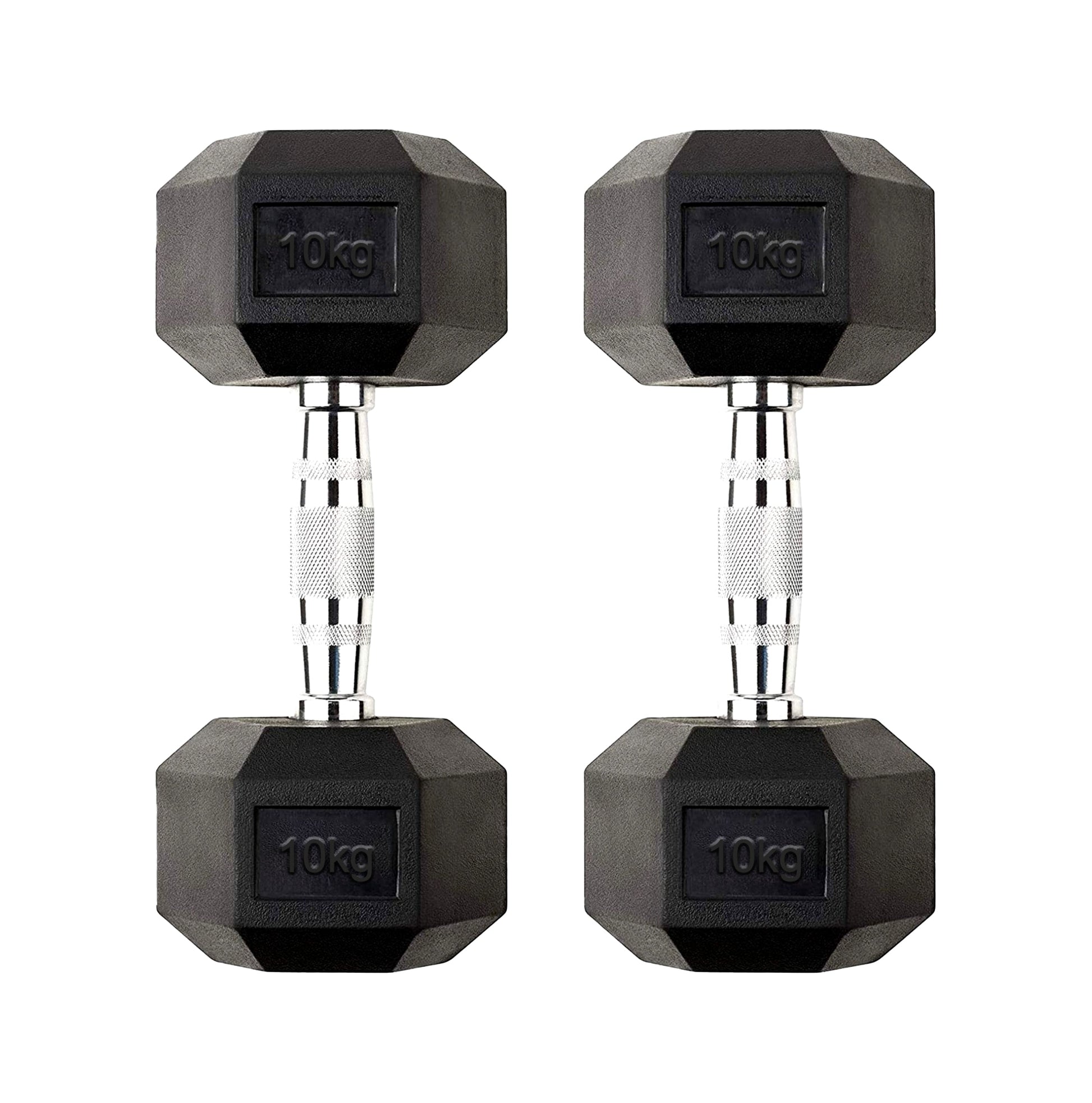Balanced 10 kg Rubber Coated Hex Dumbbell Pair – Solid Cast-Iron, Anti Roll Heads & Knurled Chrome Grip for Home Strength