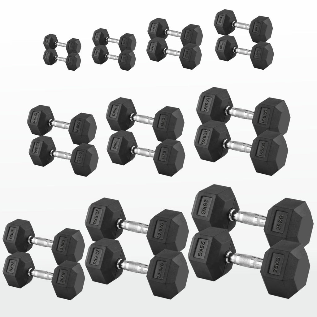Hex Dumbbell Pairs & Sets 2.5kg–60kg – Rubber-Coated, Anti-Roll Weights with Rack Option – Home Gym Strength Training Dumbbell Set UK