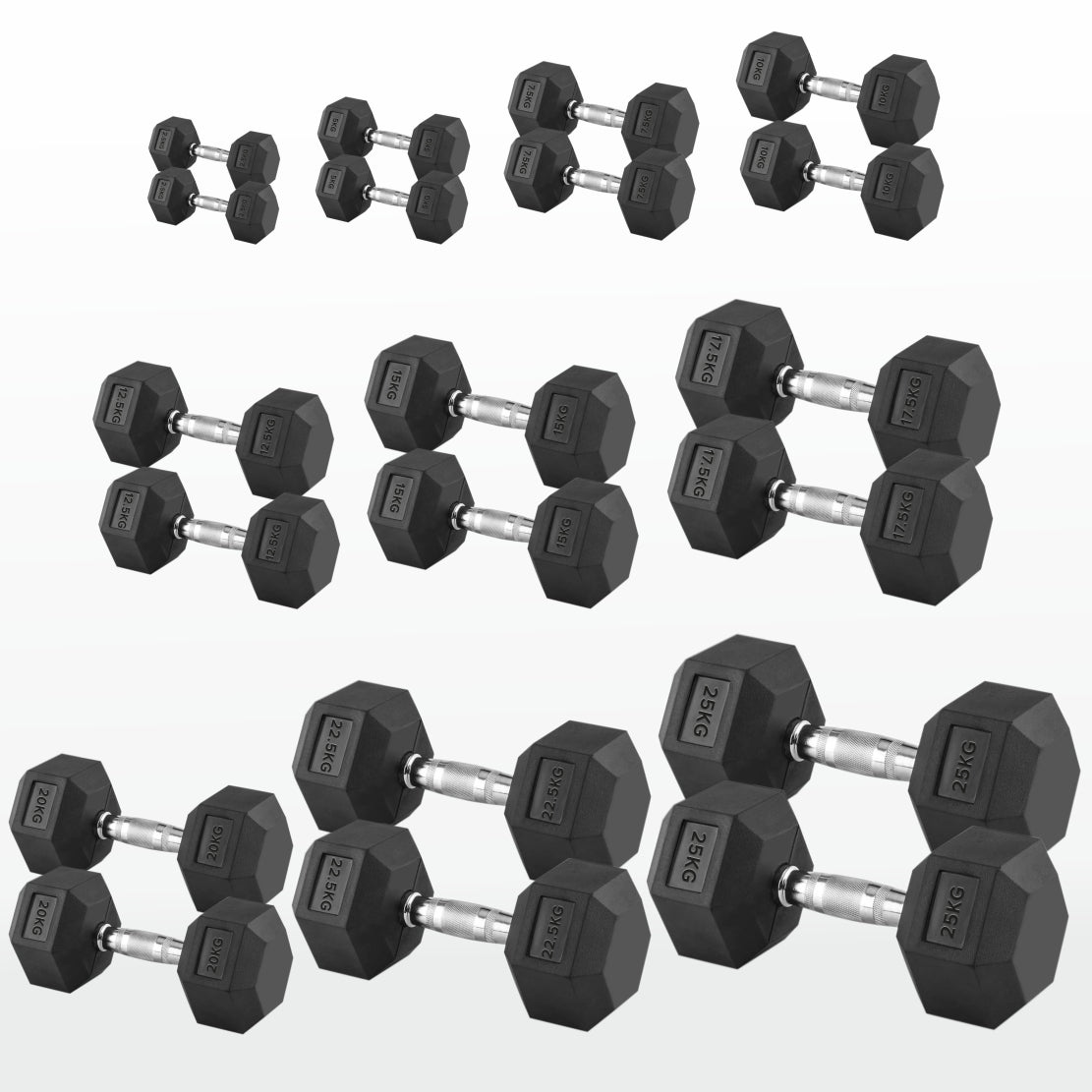 Hex Dumbbell Pairs & Sets 2.5kg–60kg – Rubber-Coated, Anti-Roll Weights with Rack Option – Home Gym Strength Training Dumbbell Set UK