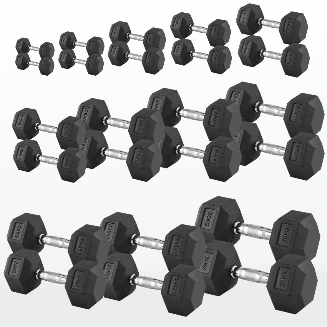 Hex Dumbbell Pairs & Sets 2.5kg–60kg – Rubber-Coated, Anti-Roll Weights with Rack Option – Home Gym Strength Training Dumbbell Set UK