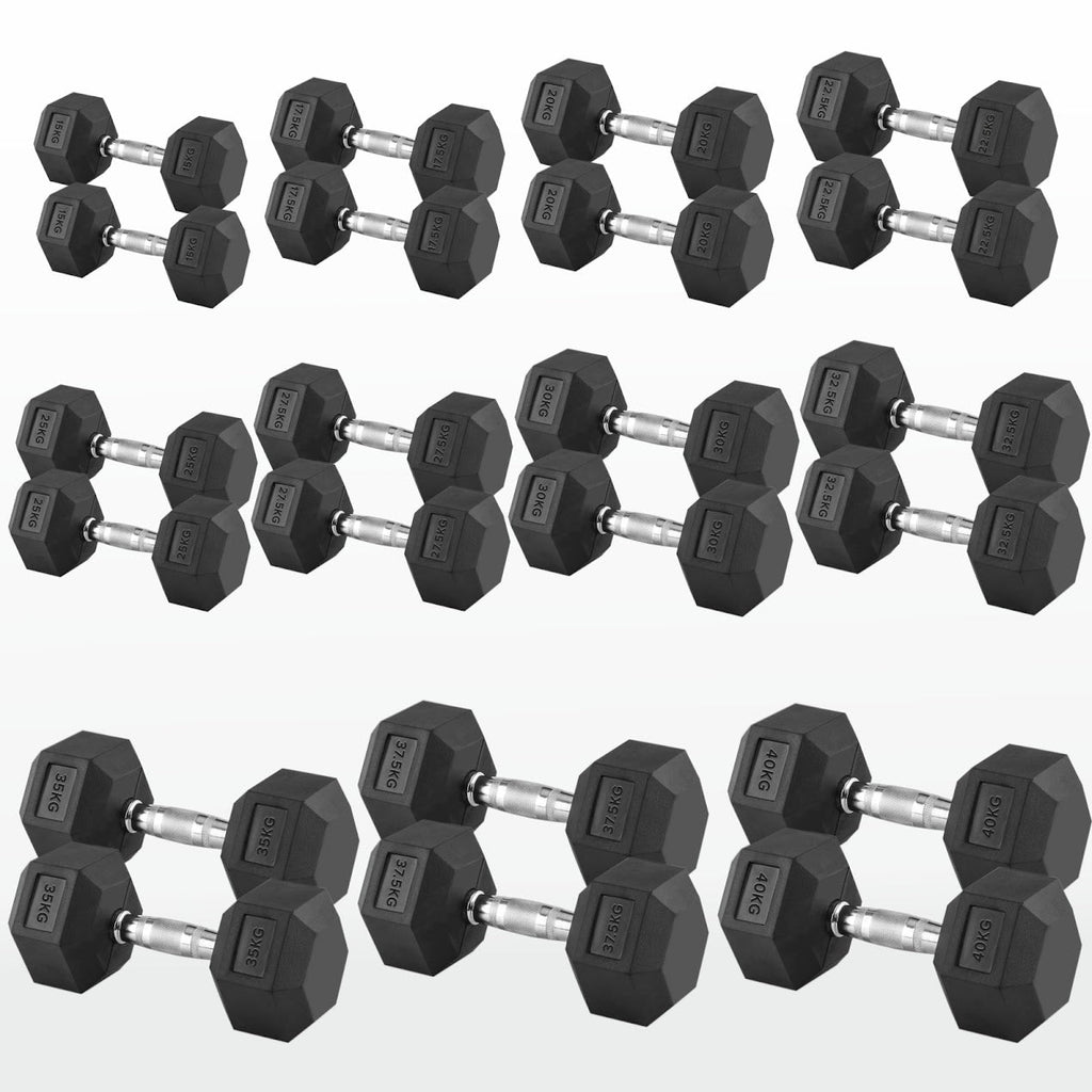 Hex Dumbbell Pairs & Sets 2.5kg–60kg – Rubber-Coated, Anti-Roll Weights with Rack Option – Home Gym Strength Training Dumbbell Set UK