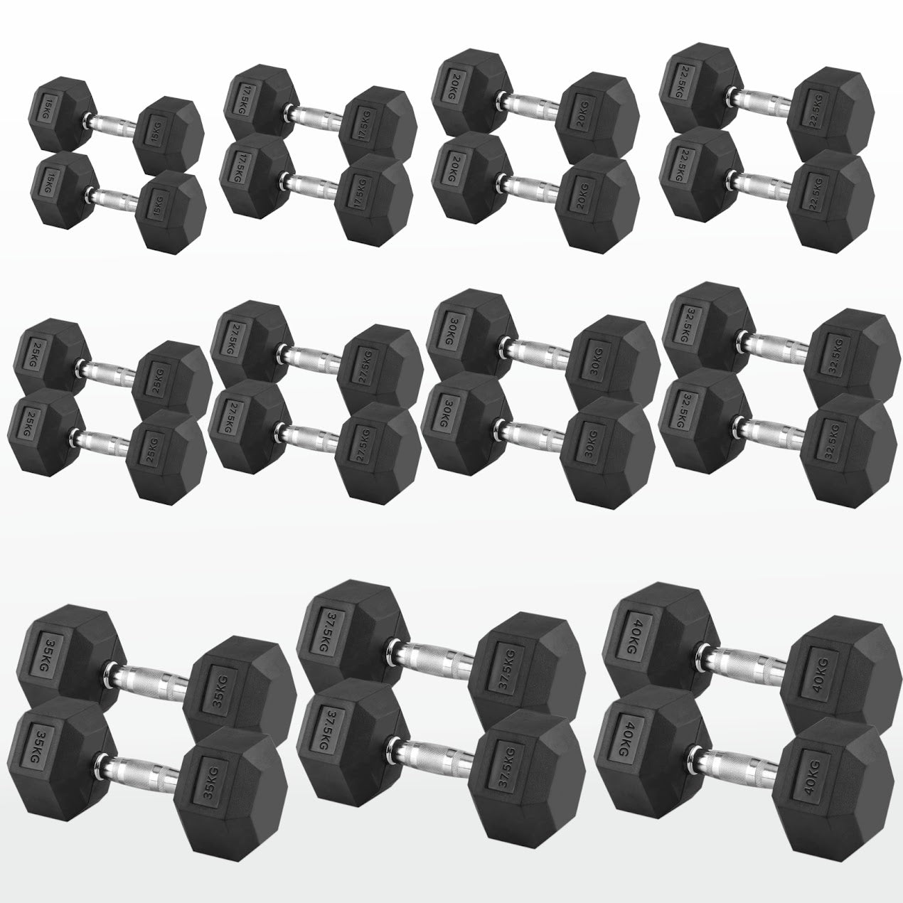 Hex Dumbbell Pairs & Sets 2.5kg–60kg – Rubber-Coated, Anti-Roll Weights with Rack Option – Home Gym Strength Training Dumbbell Set UK