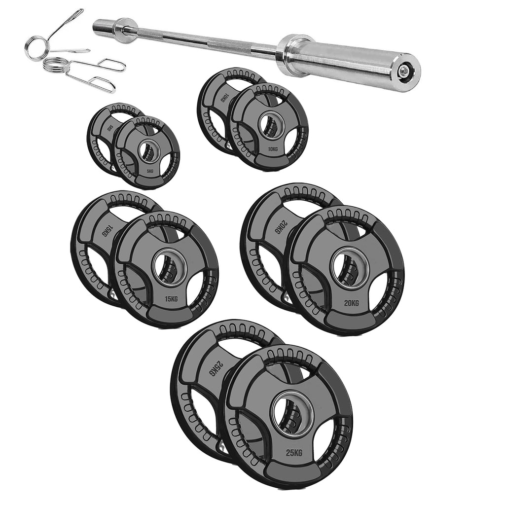 Olympic Tri-Grip Weight Plate – 2" Rubber-Coated Cast Iron Plate for Strength & Barbell Workouts | Versatile Grip Design for Lifts & Resistance Training