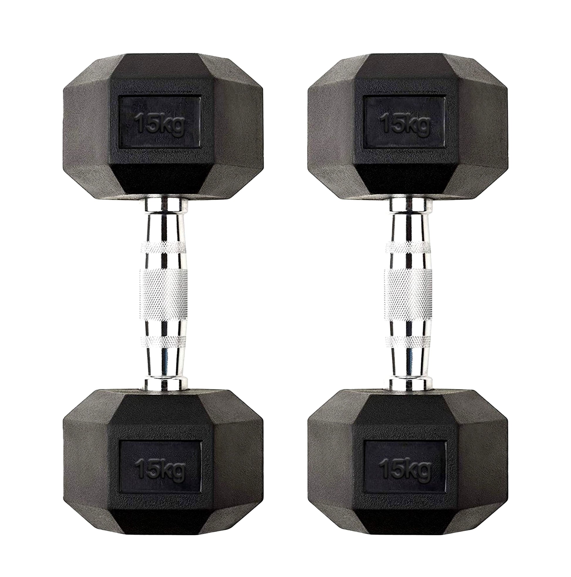 Dynamic 15 kg Rubber Coated Hex Dumbbell Pair – Solid Cast-Iron, Anti Roll Heads & Knurled Chrome Grip for Home Gym