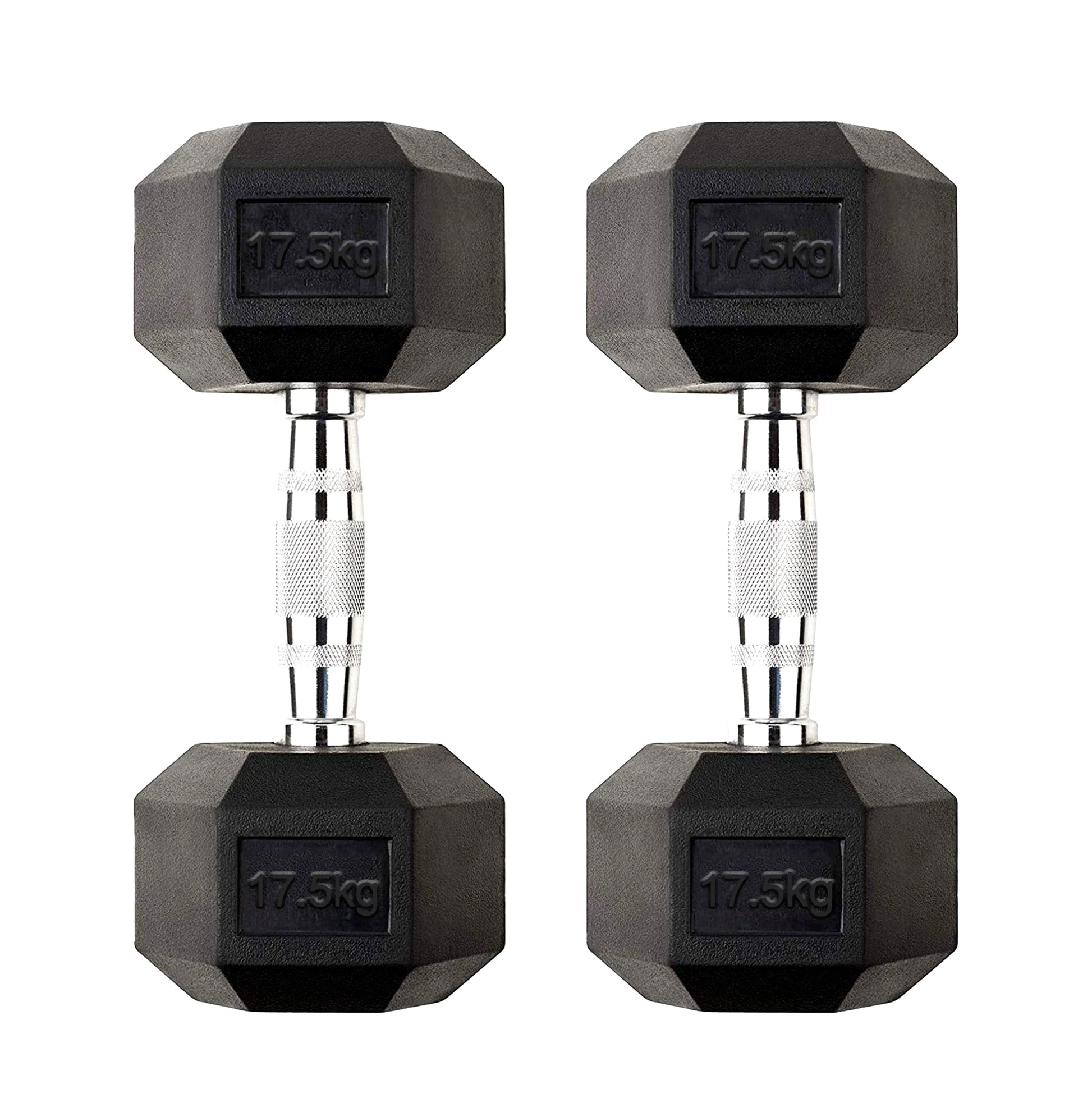 PowerEdge 17.5 kg Rubber Coated Hex Dumbbell Pair – Cast Iron Core, Anti Roll Ends & Knurled Chrome Grip
