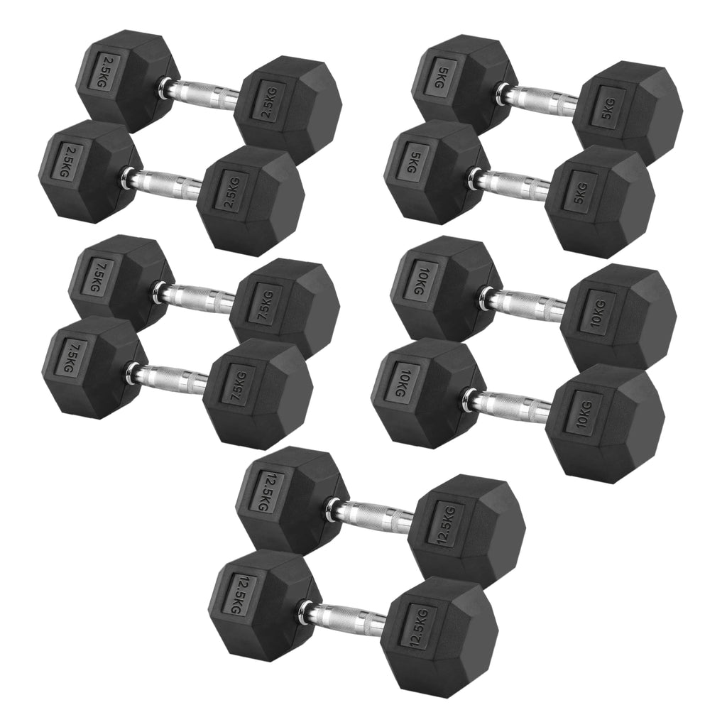 Hex Dumbbell Set 2.5kg–25kg & 5 Pairs Rubber-Coated Cast Iron Weights with Optional 5 Tier Rack, Anti-Roll Dumbbells for Home Gym & Studio Strength Training