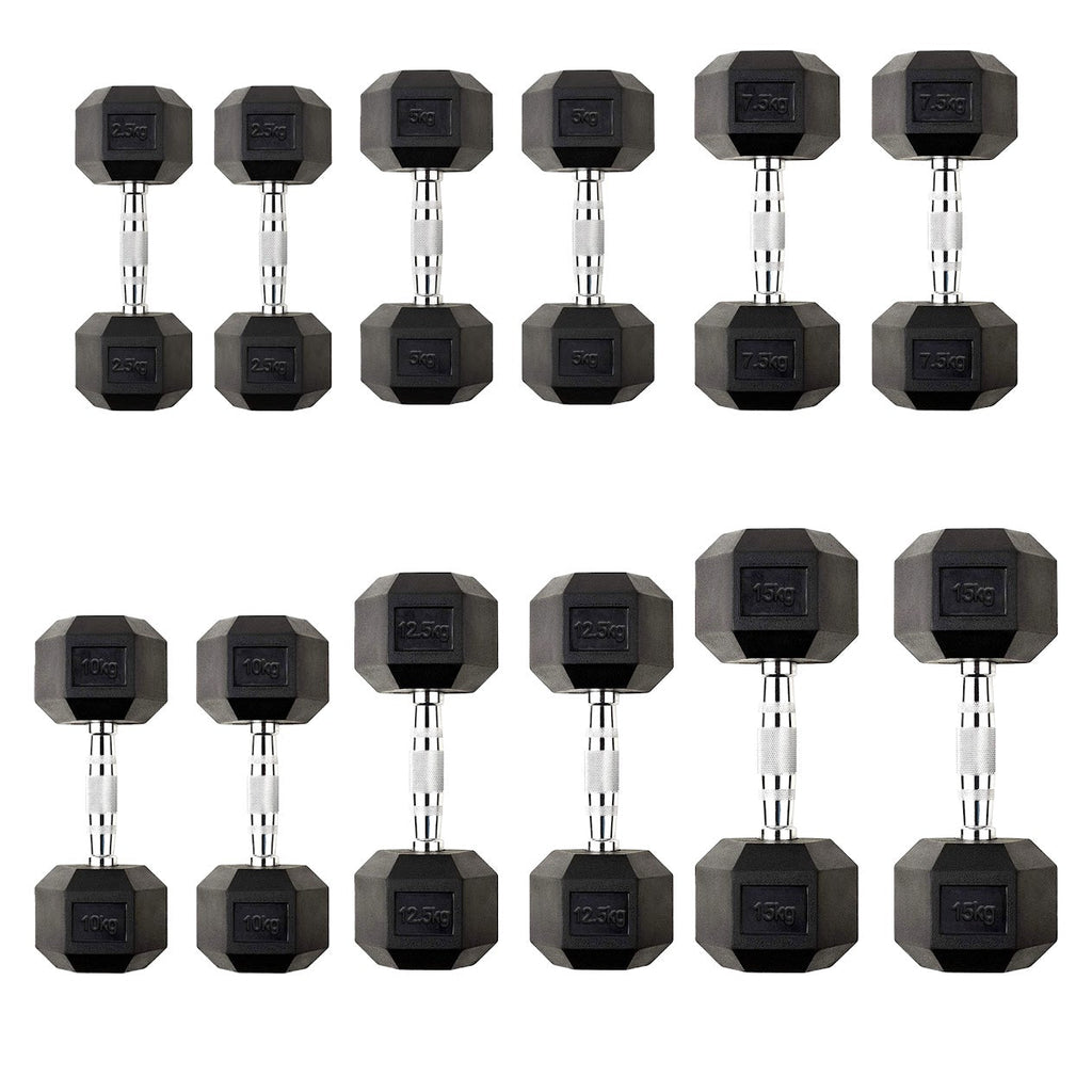 Hex Dumbbell Pairs & Sets 2.5kg–60kg – Rubber-Coated, Anti-Roll Weights with Rack Option – Home Gym Strength Training Dumbbell Set UK
