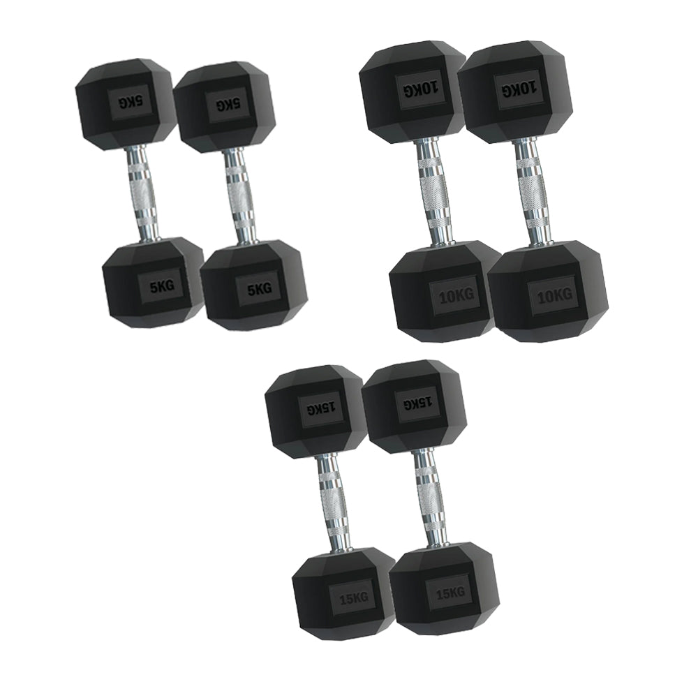 Hex Dumbbell Set with Optional 3-Tier Rack – Rubber-Coated, Anti-Roll Weights (2.5kg–15kg) – Chrome Handles – Home Strength Training – For Home Gym