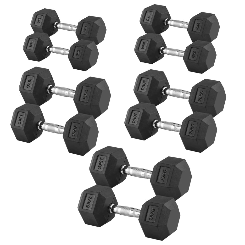 Hex Dumbbell Set 2.5kg–25kg & 5 Pairs Rubber-Coated Cast Iron Weights with Optional 5 Tier Rack, Anti-Roll Dumbbells for Home Gym & Studio Strength Training