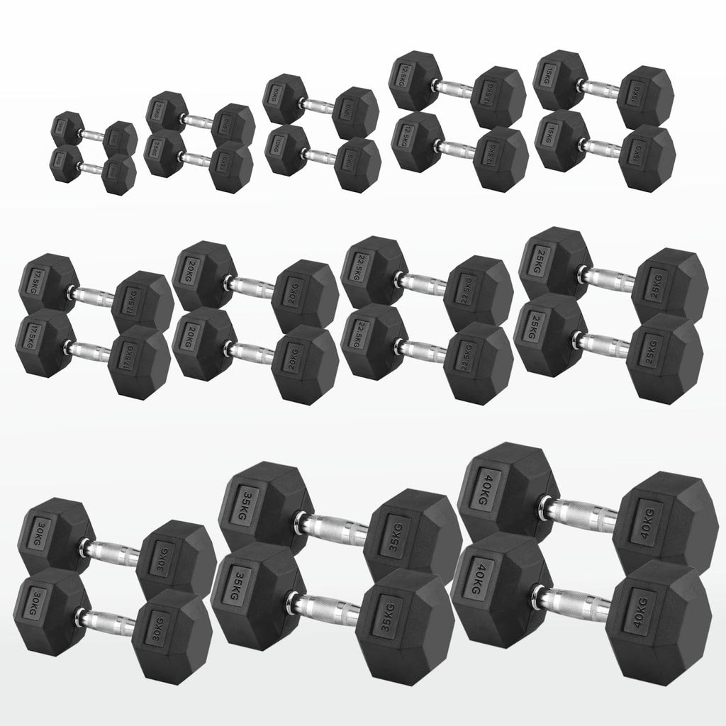 Hex Dumbbell Pairs & Sets 2.5kg–60kg – Rubber-Coated, Anti-Roll Weights with Rack Option – Home Gym Strength Training Dumbbell Set UK