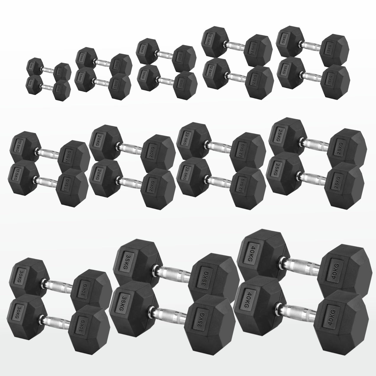 Hex Dumbbell Pairs & Sets 2.5kg–60kg – Rubber-Coated, Anti-Roll Weights with Rack Option – Home Gym Strength Training Dumbbell Set UK