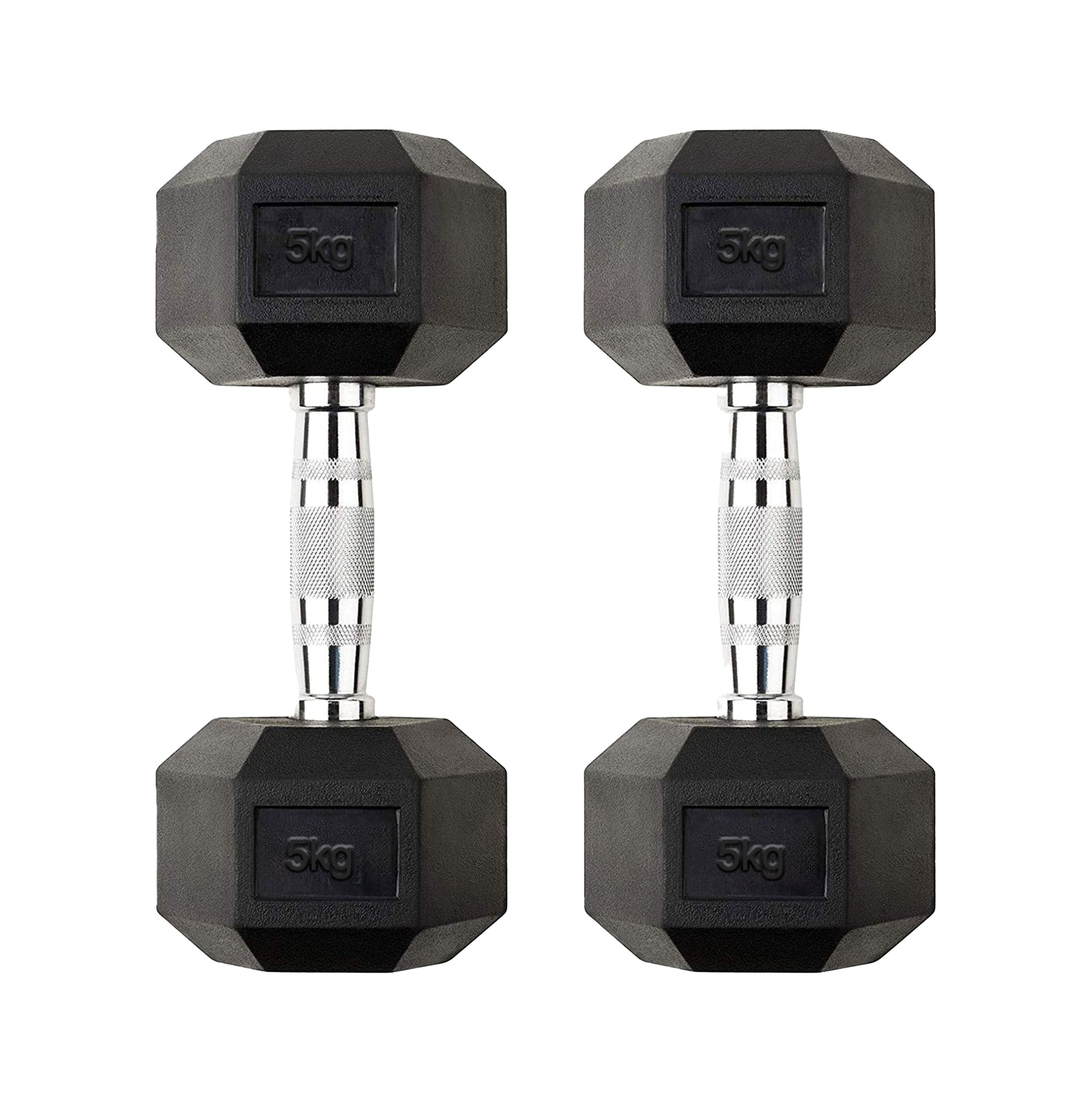 5kg Hex Dumbbell Pair – Rubber Coated Cast Iron Free Weights with Knurled Chrome Handles – Anti Roll Dumbbells for Home Gym Strength & Toning