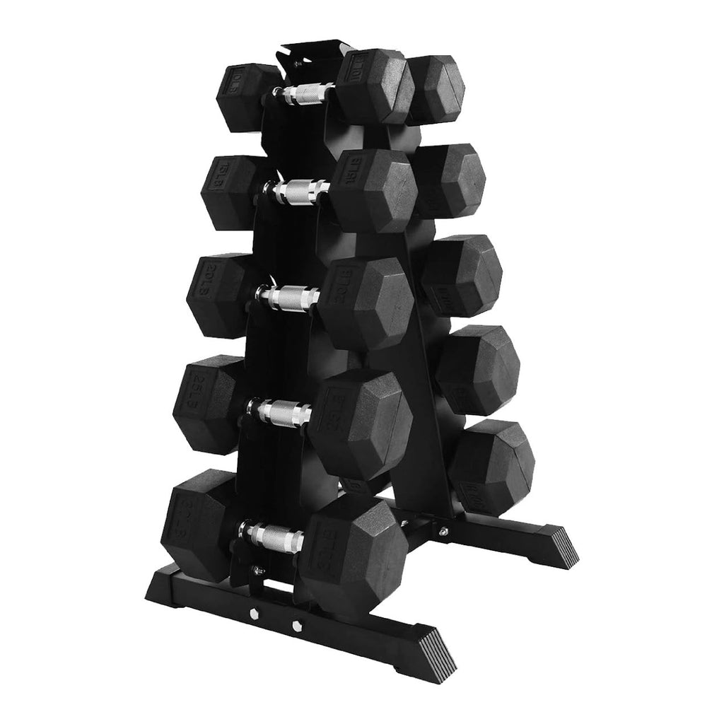 Hex Dumbbell Set 2.5kg–25kg & 5 Pairs Rubber-Coated Cast Iron Weights with Optional 5 Tier Rack, Anti-Roll Dumbbells for Home Gym & Studio Strength Training