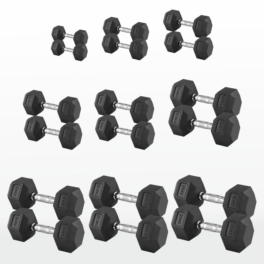 Hex Dumbbell Pairs & Sets 2.5kg–60kg – Rubber-Coated, Anti-Roll Weights with Rack Option – Home Gym Strength Training Dumbbell Set UK