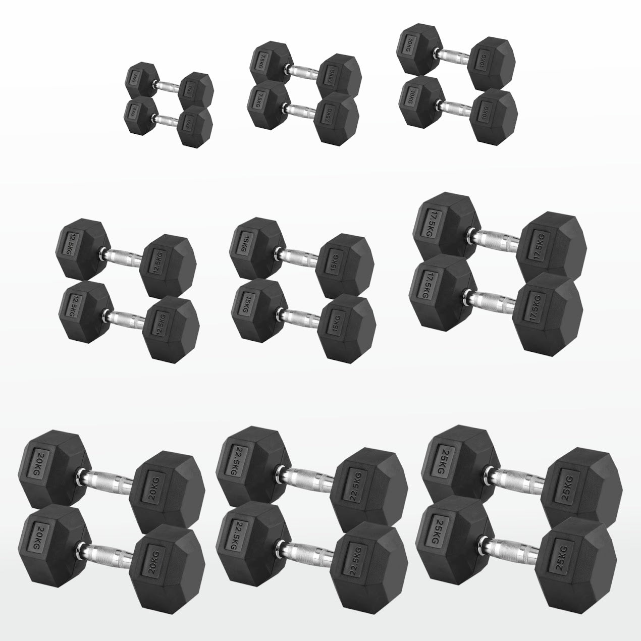 Hex Dumbbell Pairs & Sets 2.5kg–60kg – Rubber-Coated, Anti-Roll Weights with Rack Option – Home Gym Strength Training Dumbbell Set UK