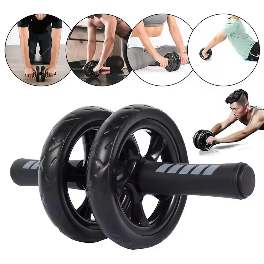 Black ab roller with people using it in various poses on a white background