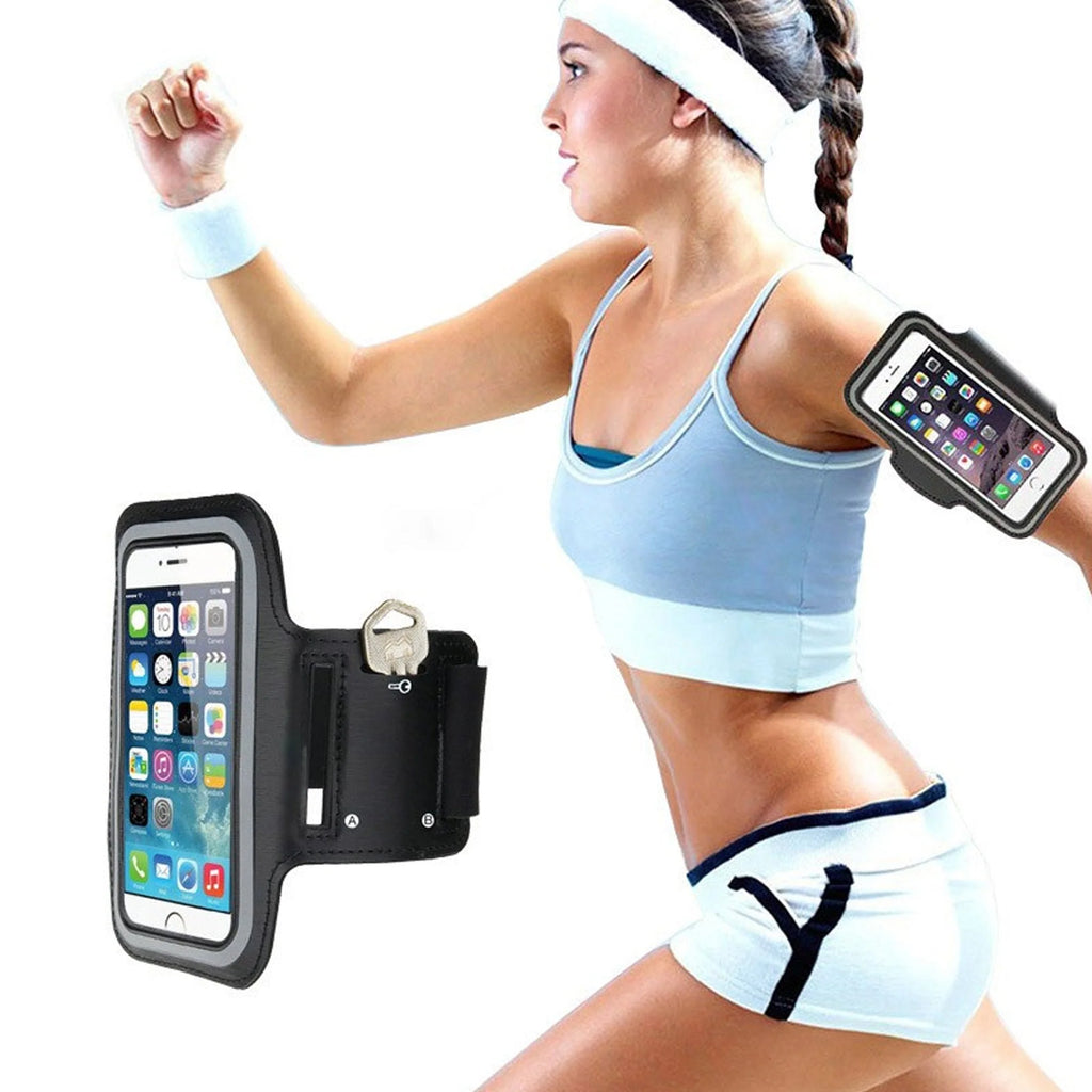 Woman exercising with phone armbands on a white background