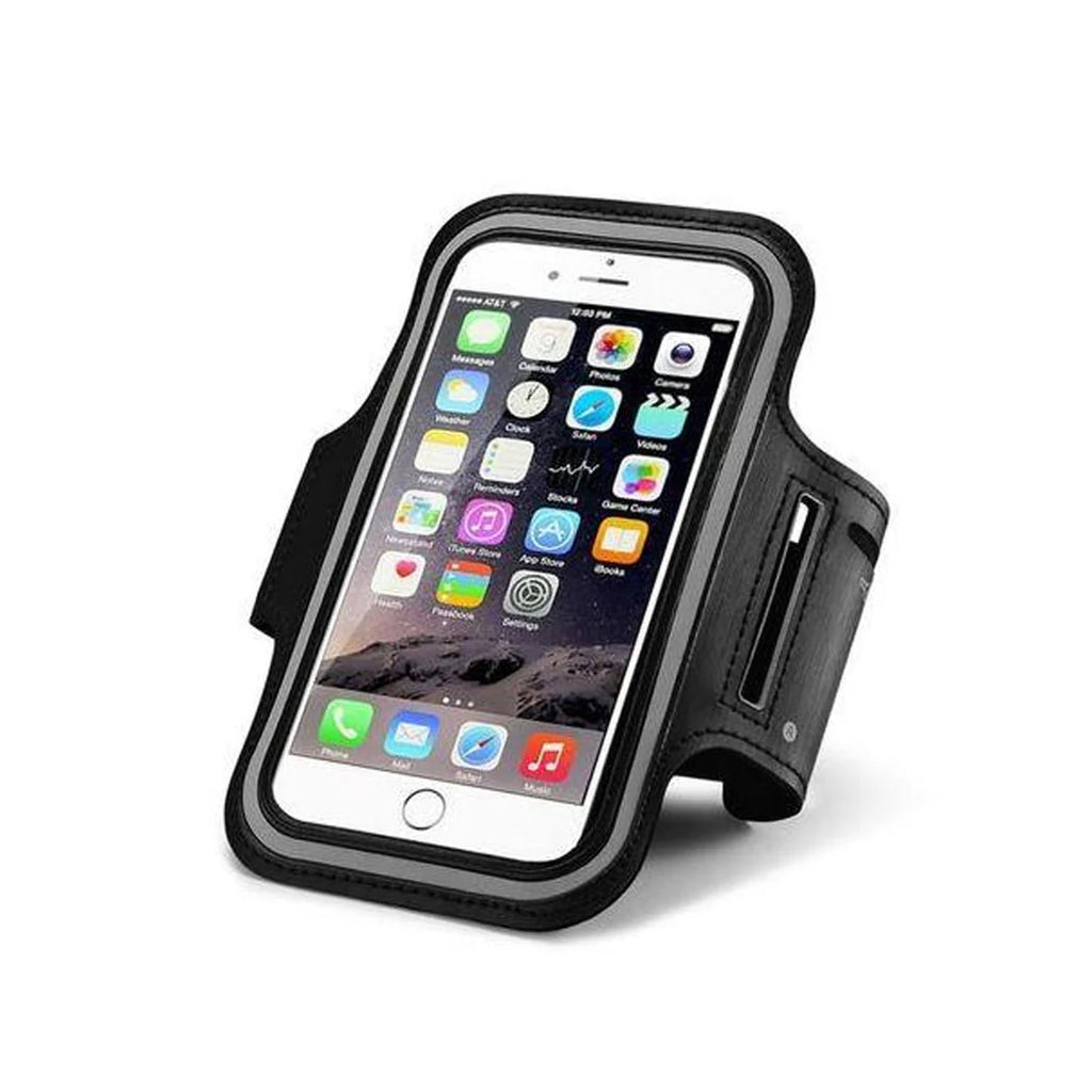 Black armband phone holder with smartphone displaying app icons on a white background