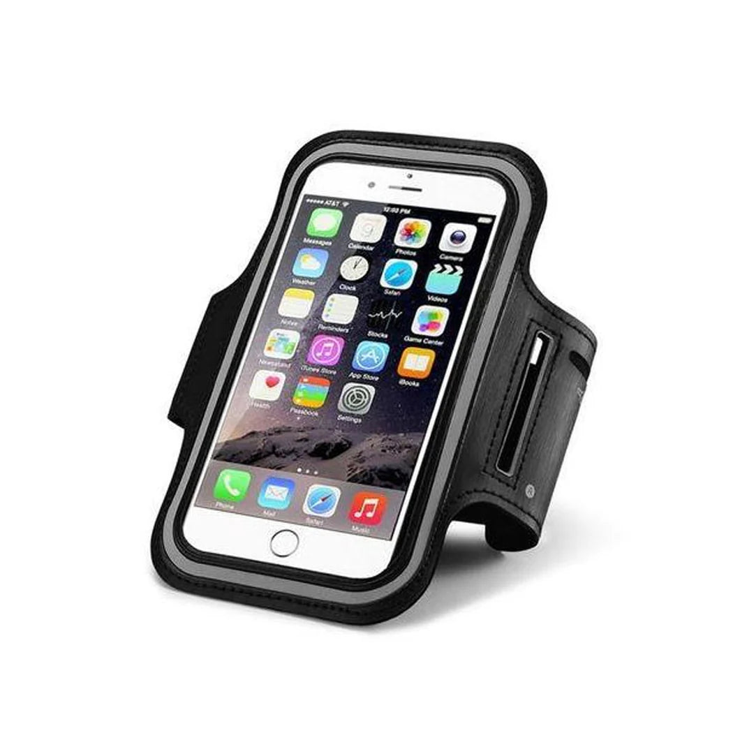 Black armband phone holder with smartphone displaying app icons on a white background