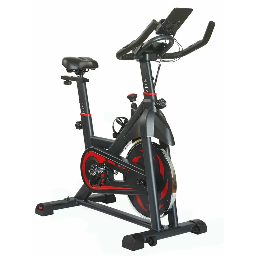 Black and red exercise bike on a white background