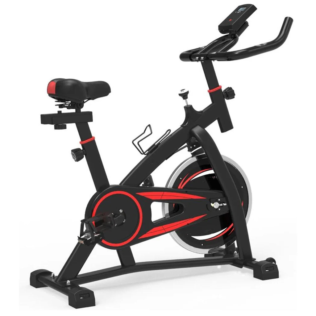 Black and red exercise bike on a white background