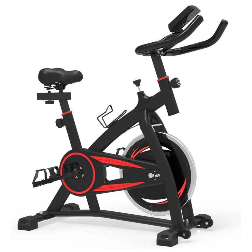 Black and red exercise bike on a white background