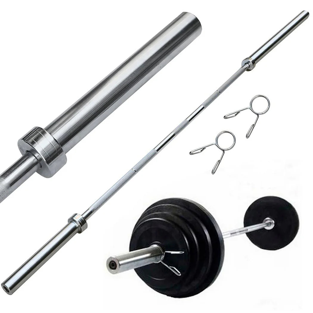 Barbell with weights and clips on a white background