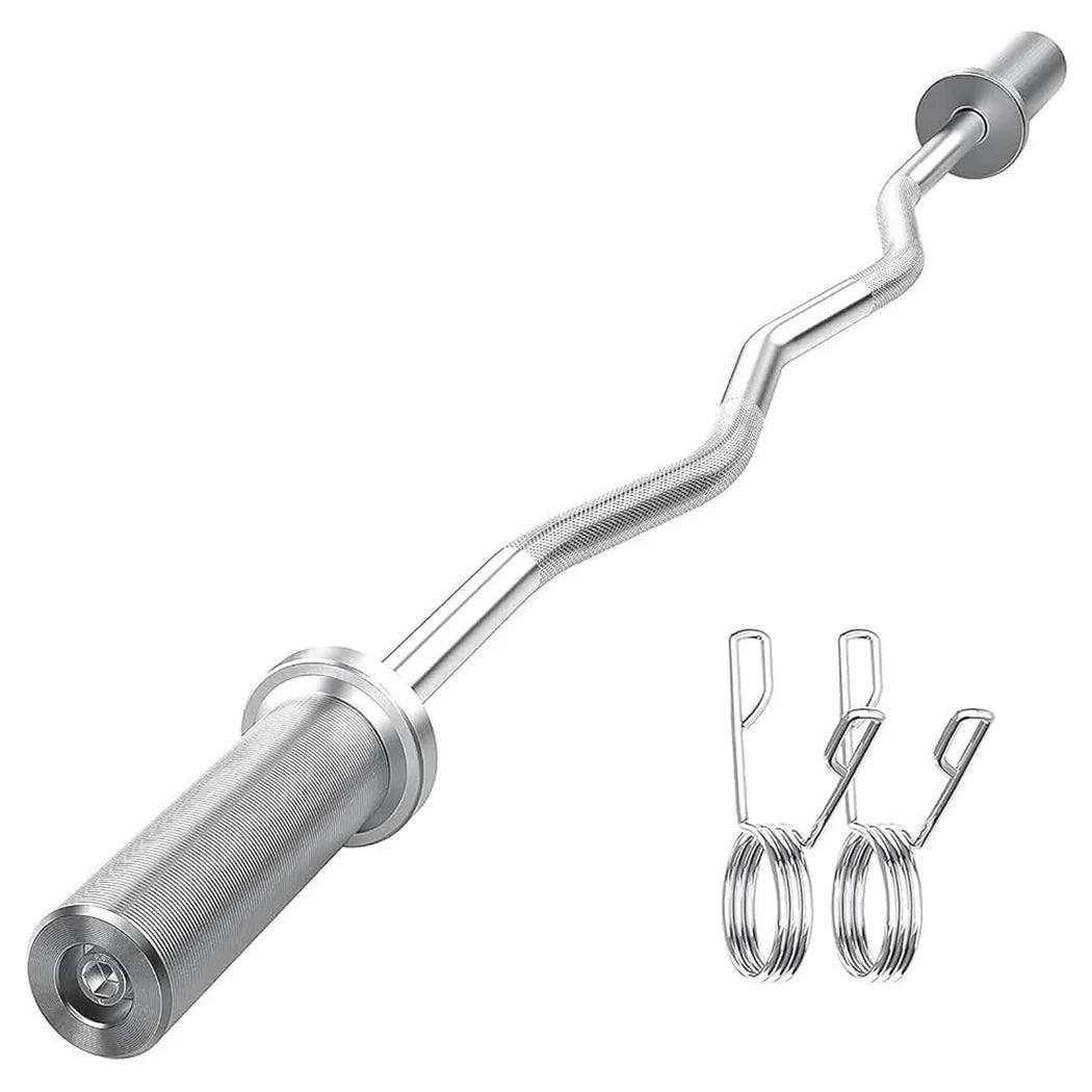 Silver curved barbell with attachments on a white background