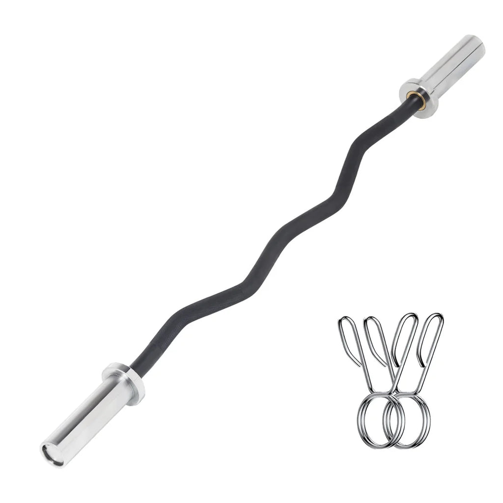 Curved barbell with chrome ends and attachments on a white background