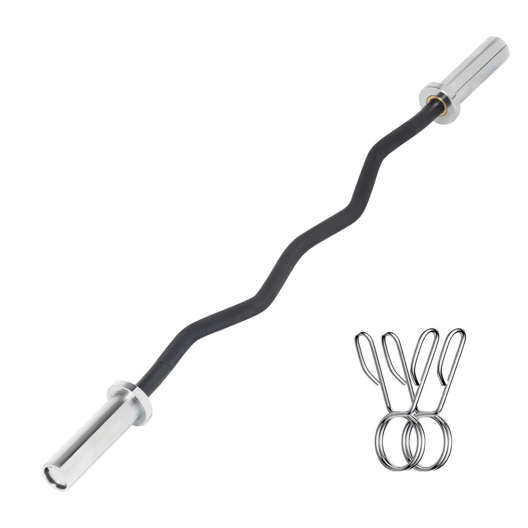 Curved barbell with chrome ends and attachments on a white background