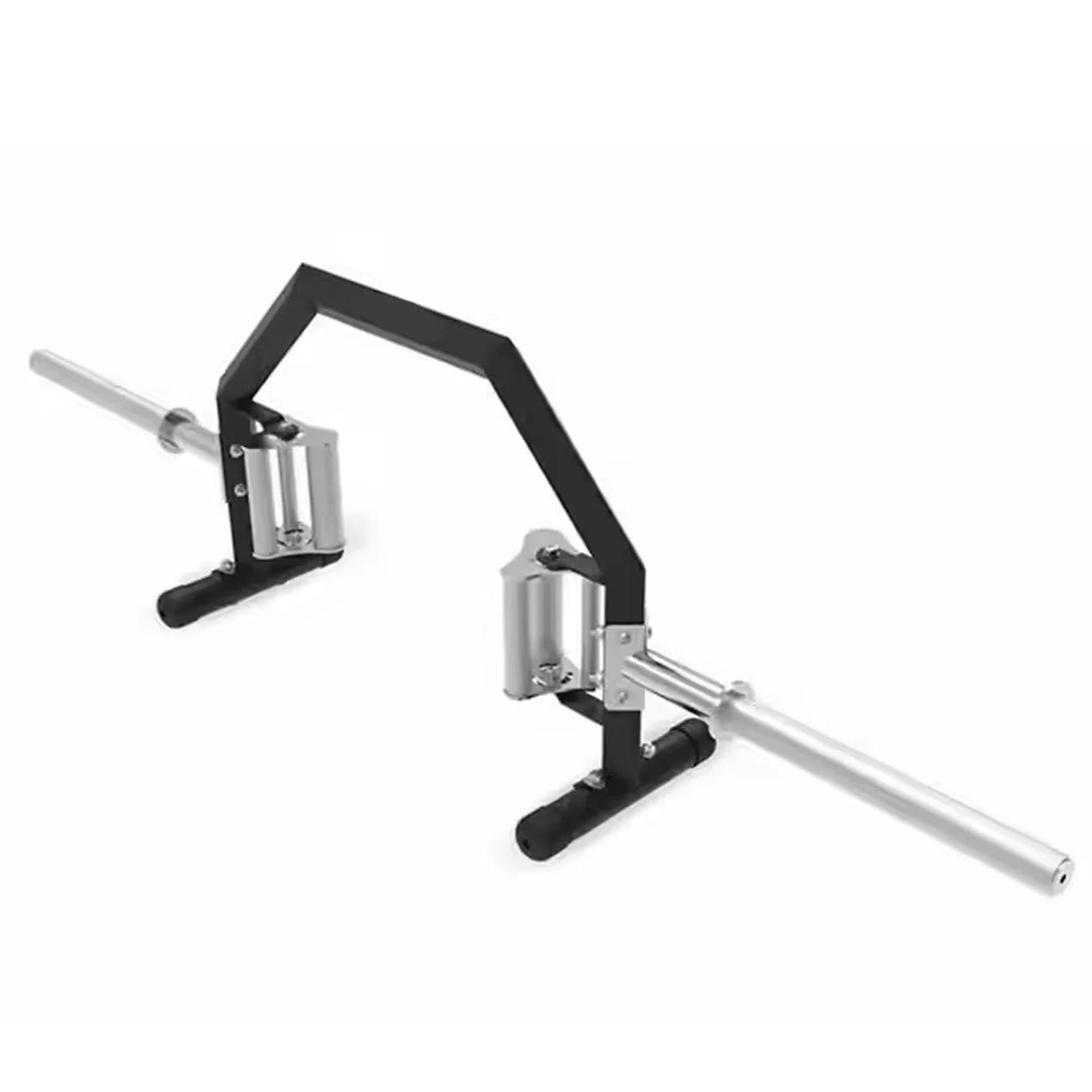 Black and chrome gym machine component on a white background