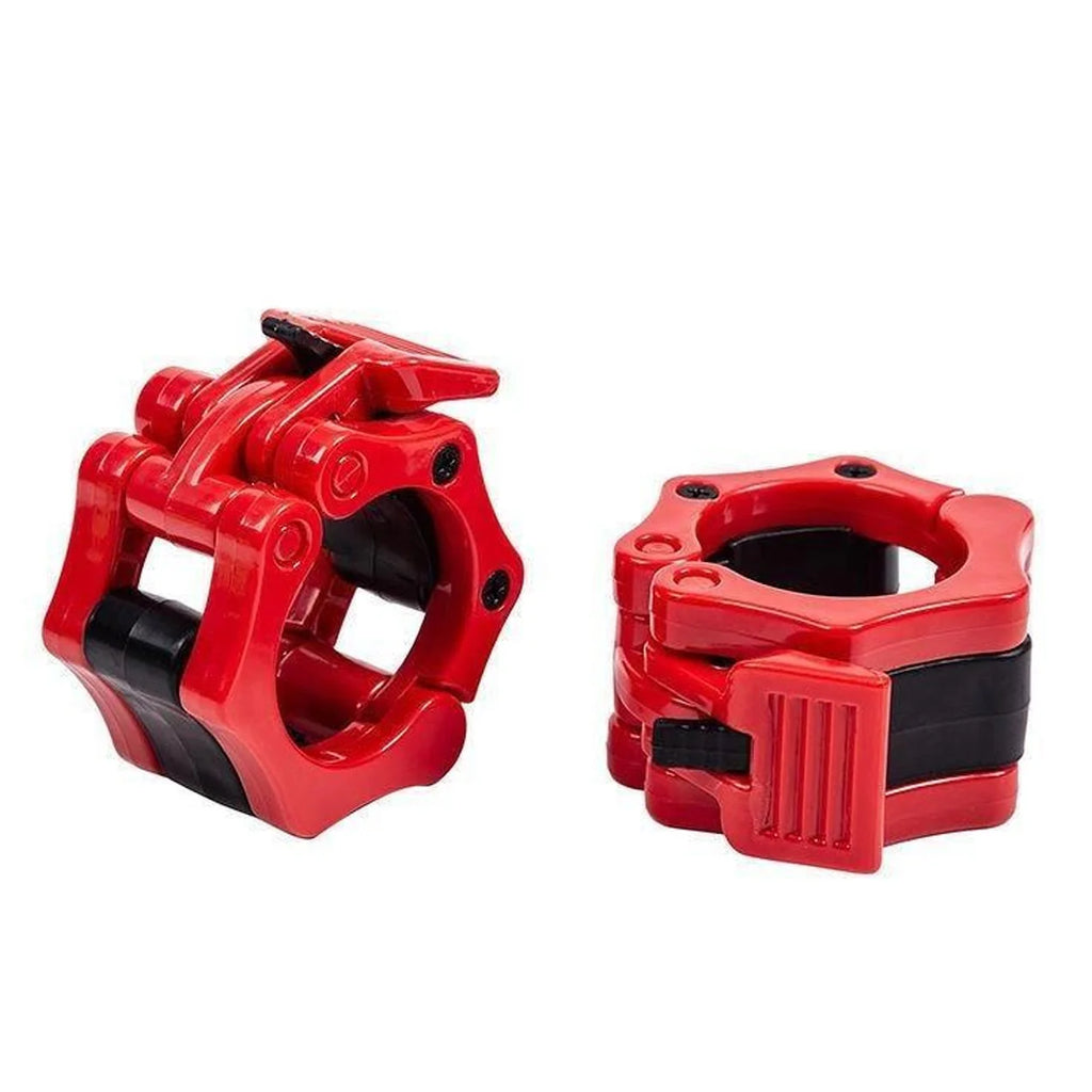 Red and black metal clamps on a white background