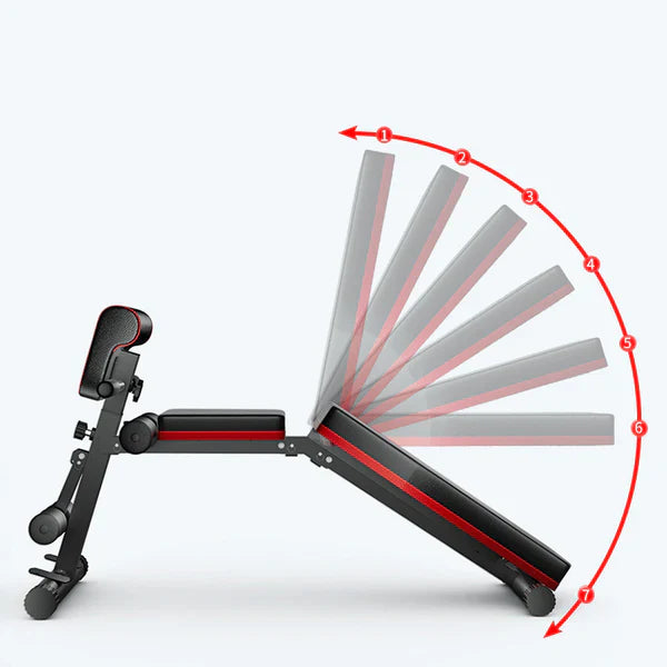 Black and red adjustable gym bench with labeled positions on a white background