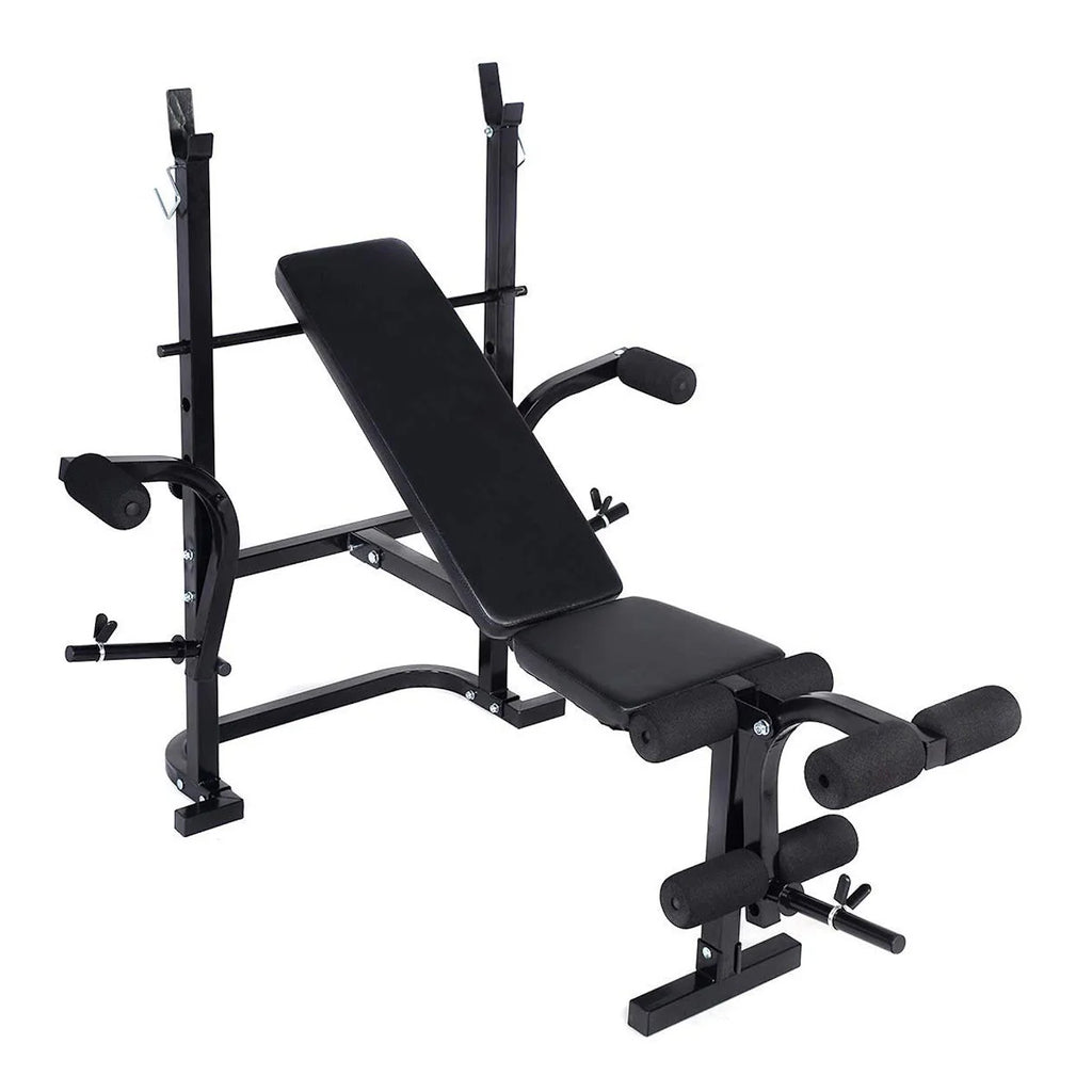 Black weight bench with adjustable backrest and leg extensions on a white background