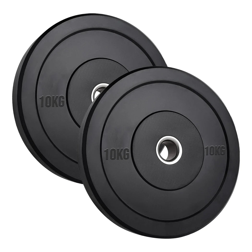 Two black weight plates with '10KG' marking on a white background