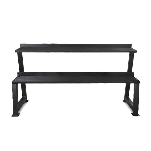 Black metal bench with two shelves on a white background