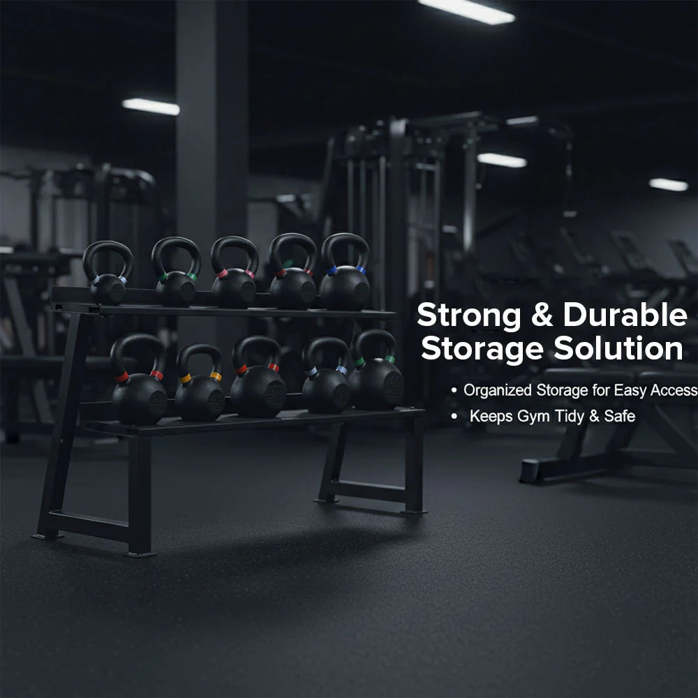 Kettlebell storage rack in a gym with text highlighting features