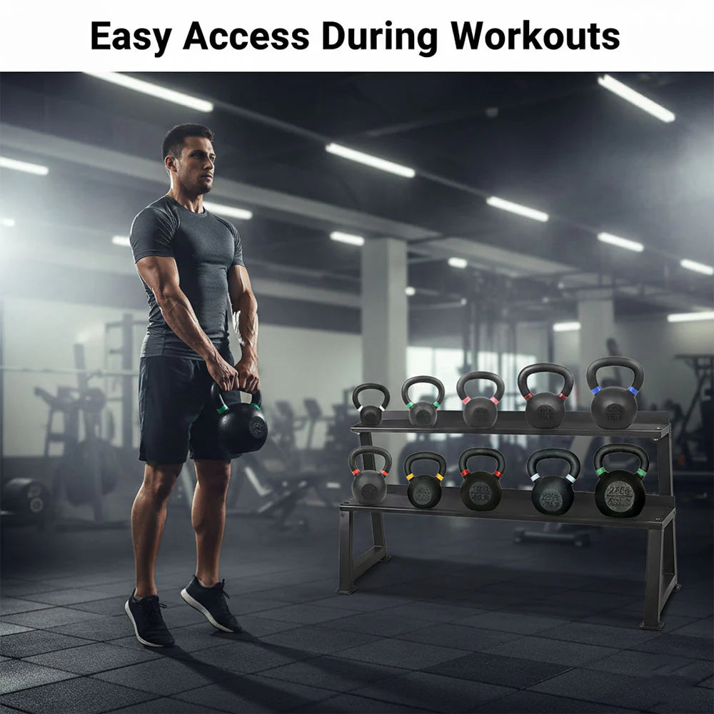 Man holding a kettlebell with a rack of kettlebells in a gym setting