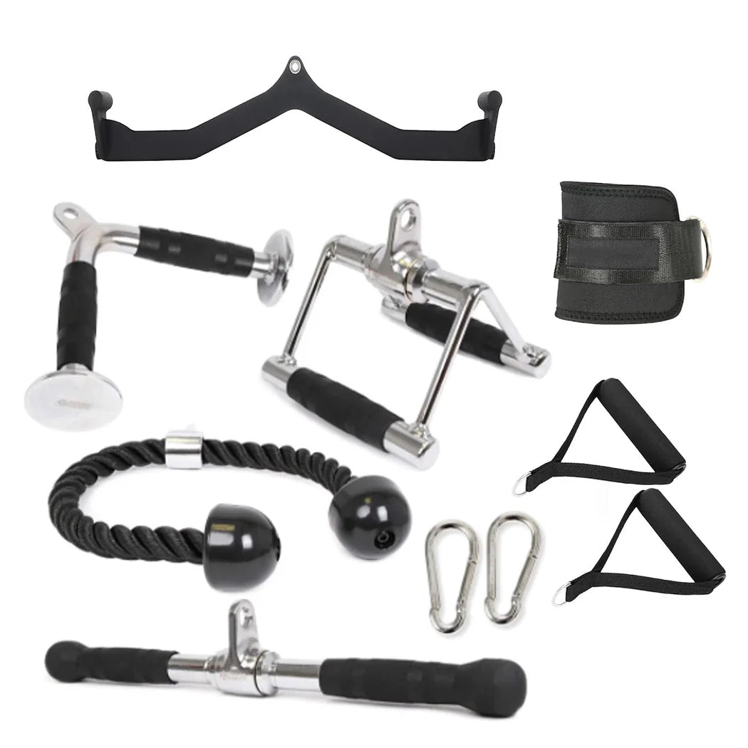 Collection of fitness equipment including resistance bands and anchors on a white background