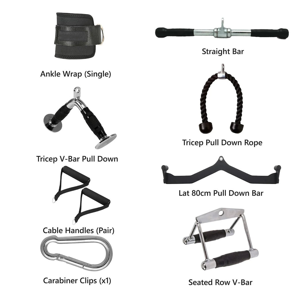 Collection of fitness equipment including an ankle wrap, straight bar, tricep pull down rope, and more on a white background.