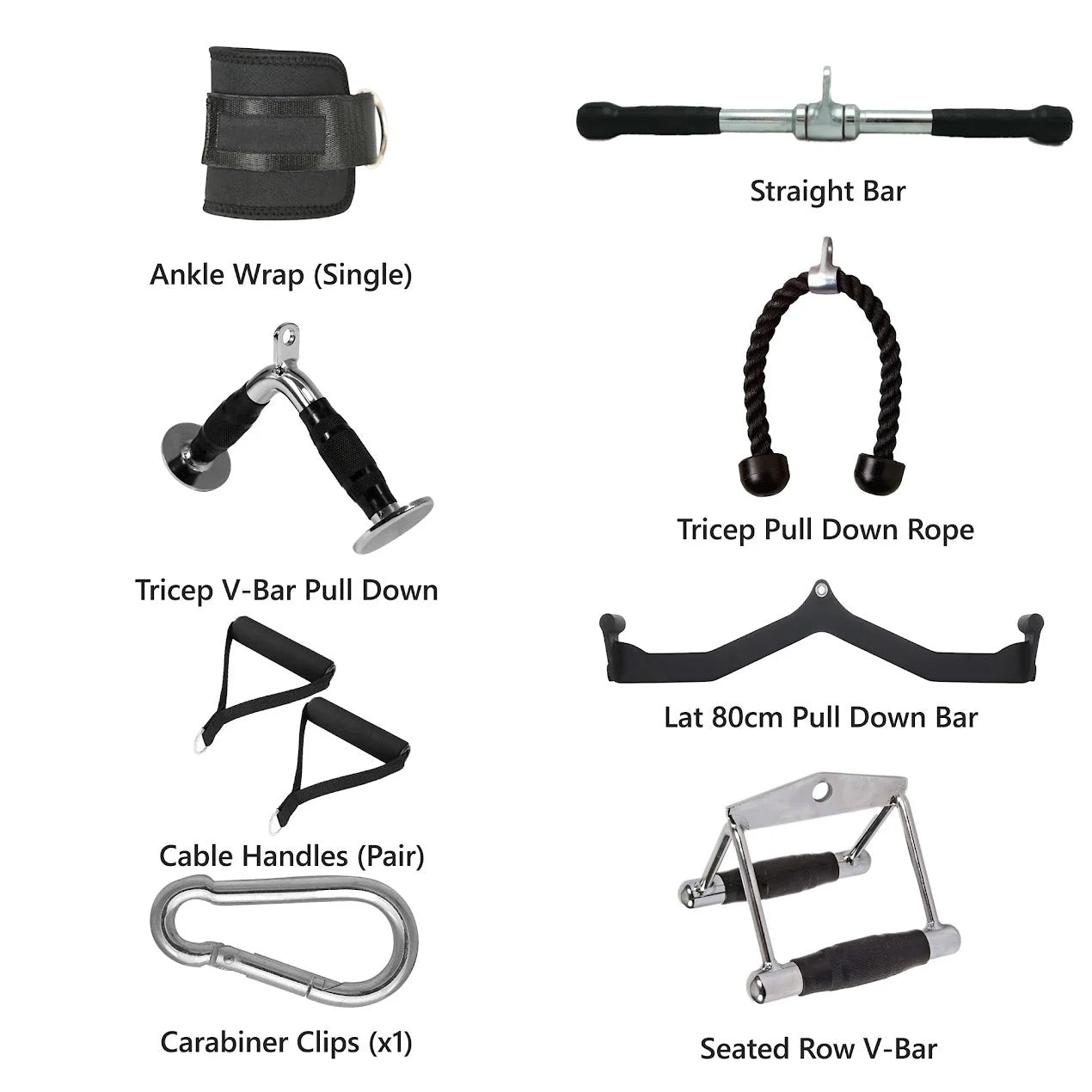 Collection of fitness equipment including an ankle wrap, straight bar, tricep pull down rope, and more on a white background.