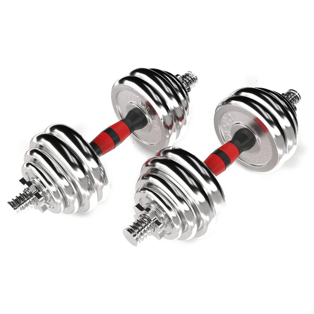 Pair of chrome dumbbells with red and black resistance bands on a white background