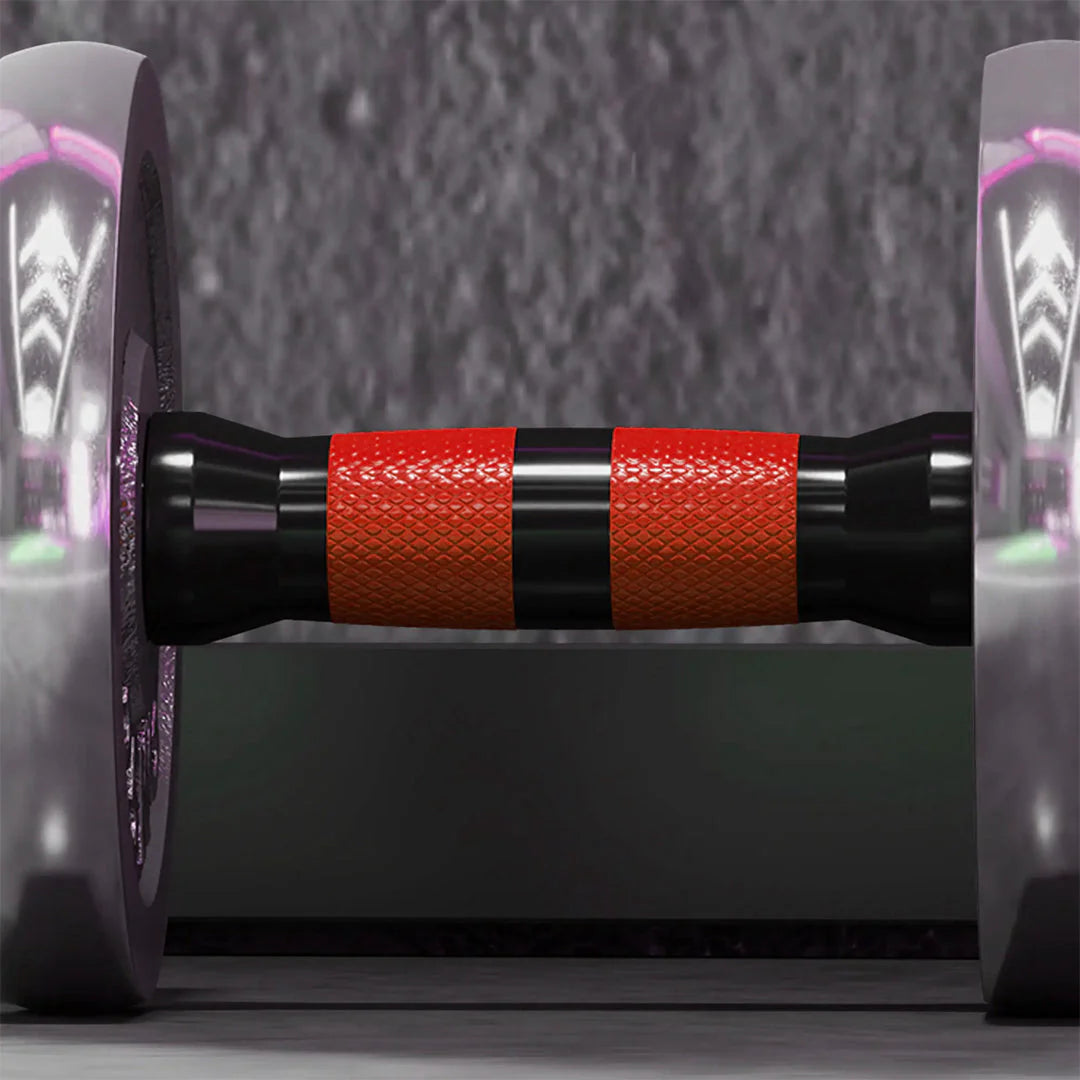 Ab roller with red and black design on a gray background