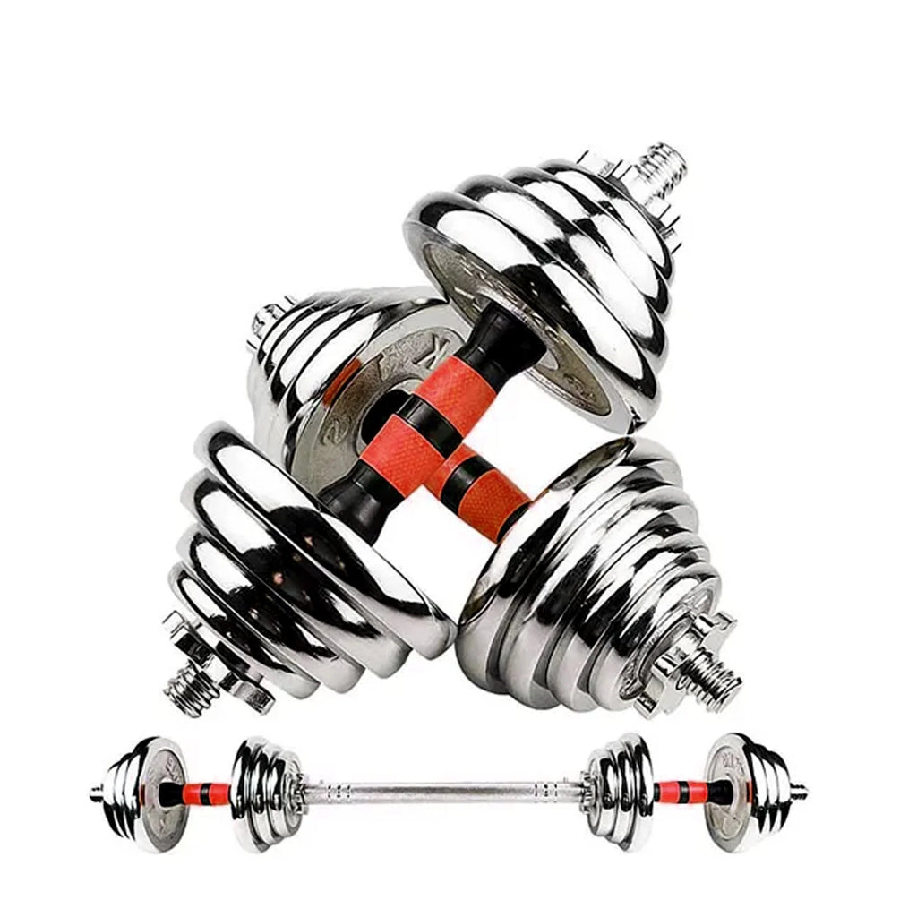 Pair of chrome dumbbells with red accents on a white background