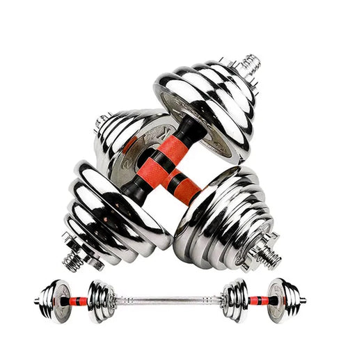 Pair of chrome dumbbells with red accents on a white background