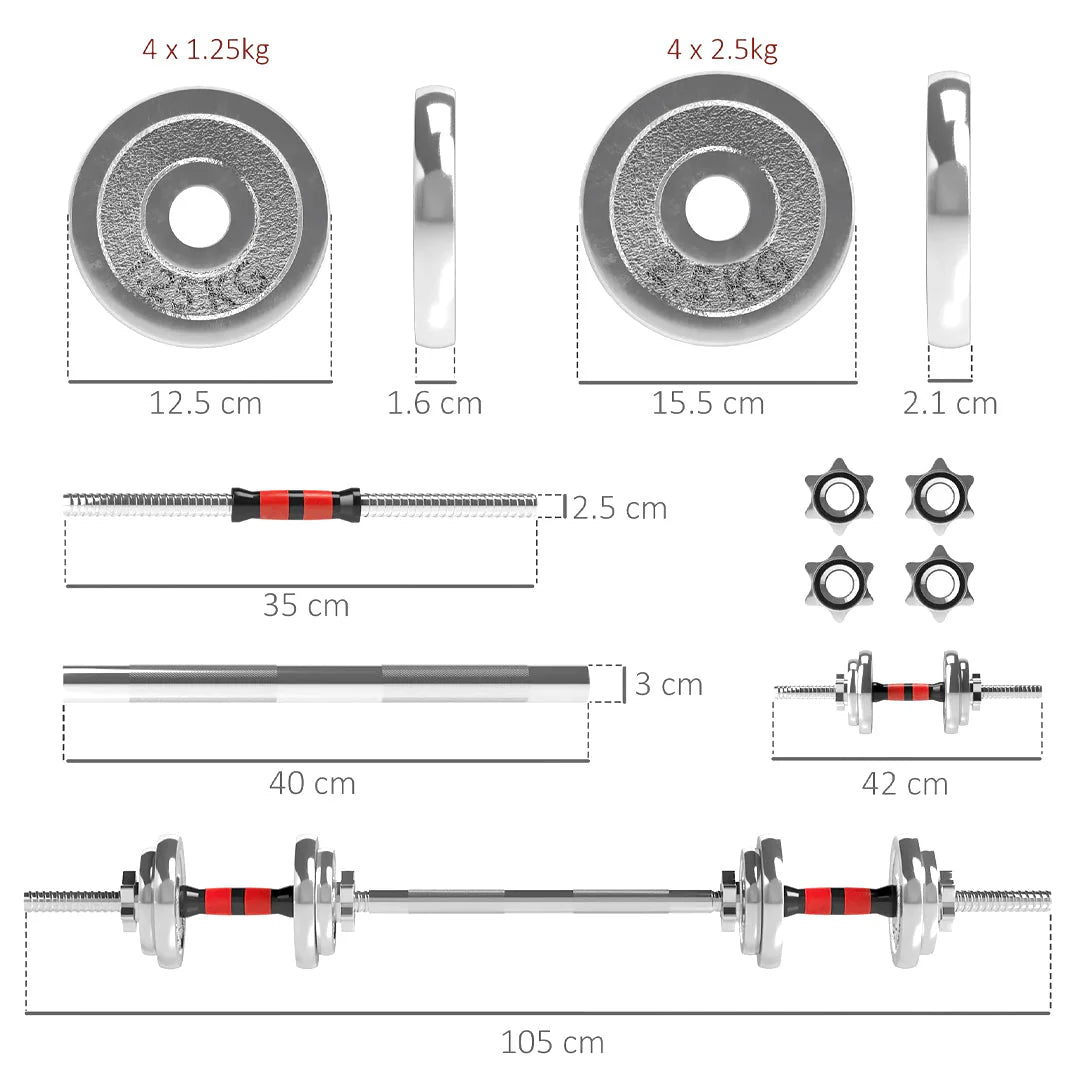 Barbell set with weight plates, bar, and attachments on a white background